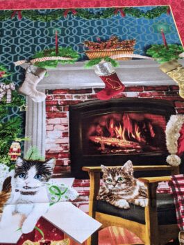 Feline Christmas Quilt Panel 'Kittens by The Fireside' 100% Cotton